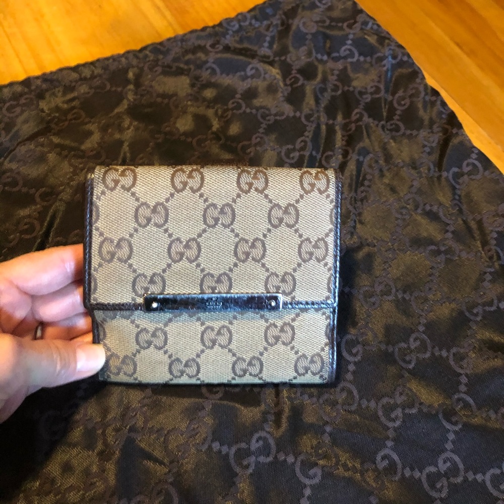 Gucci beige GG canvas leather trim wallet